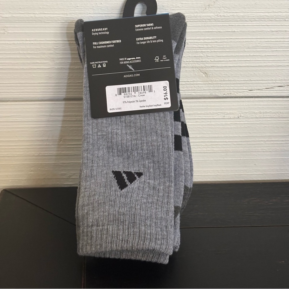 Adidas Men’s Cushioned 3 Pair Heather Grey‎ Crew Socks NEW